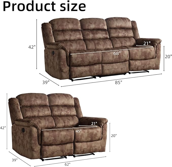 EBELLO 2 Pieces Reclining Couch Furniture Set Overstuffed Reclining Loveseat Couch and Wide 3PC Bonded Recliner Sofa Set for Living Room Brown