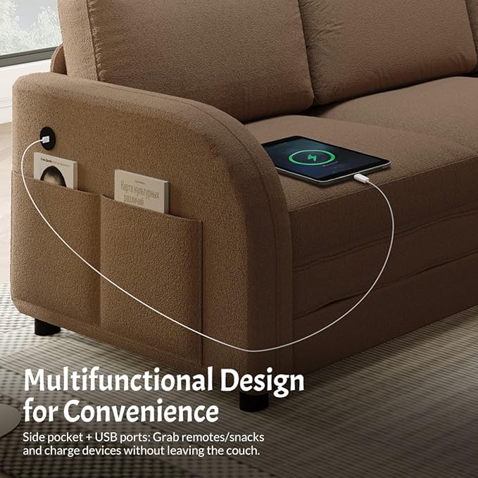 115 L-Shaped Sofa Couch with Pull-Out BedOversize Convertible Sleeper Sofa with Side Pocket &amp USB PortTeddy Upholstered Sectional Couches with Convert Left/Right Facing (Coffee Teddy)