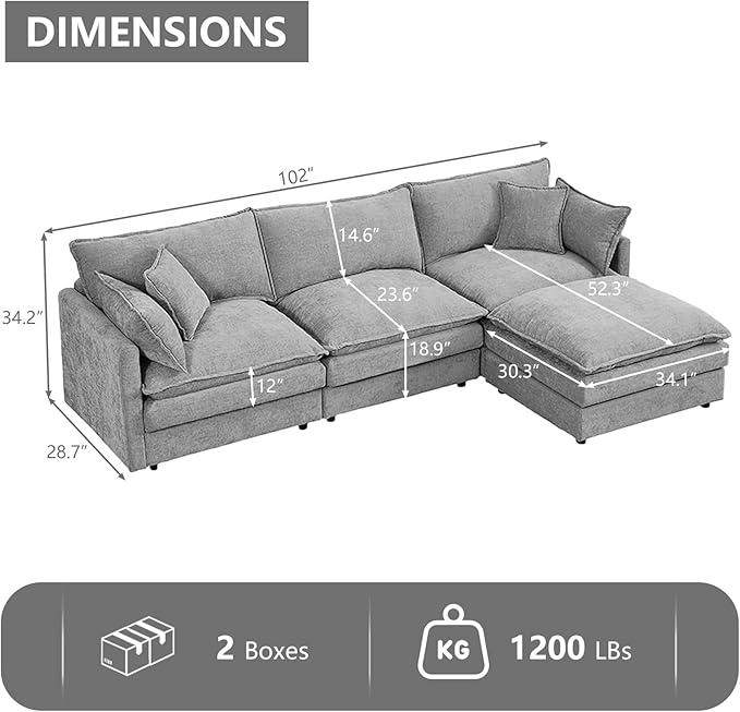GNIXUU 102 Modular Sectional Sofa L Shaped Cloud Couch with Movable Ottoman &amp 4 Pillows Deep Seat Chenille 4 Seater Sectional Couches for Living Room Apartment (Grey)