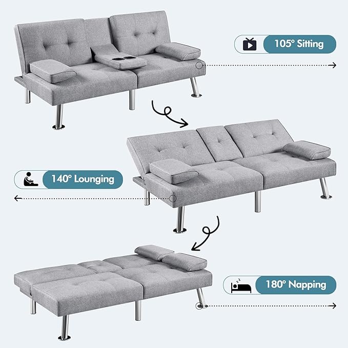Futon Sofa Bed Modern Folding Couch for Small Space Linen Convertible Loveseat Sleeper Bed Daybed Recliner Lounge Sofas for Living Room2 Cup HoldersMetal LegsRemovable Armrests (Light Gray)