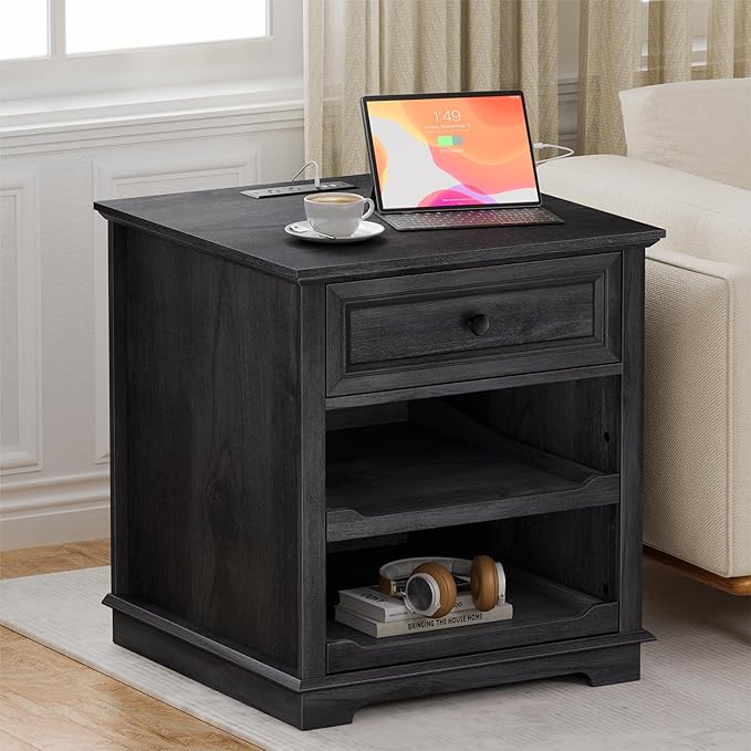 Lateral File Cabinet 3 Drawer File Cabinet with Charging Station Printer Stand with Open Adjustable Storage Shelves Lateral Filing Cabinet for Home Office Black