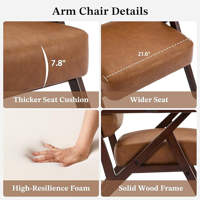 Mid Century Modern Chair Brown Leather Accent Chair Upholstered Armchair with Solid Wood Frame Comfy Reading Nook Chair Lounge Chairs for Living Room Bedroom