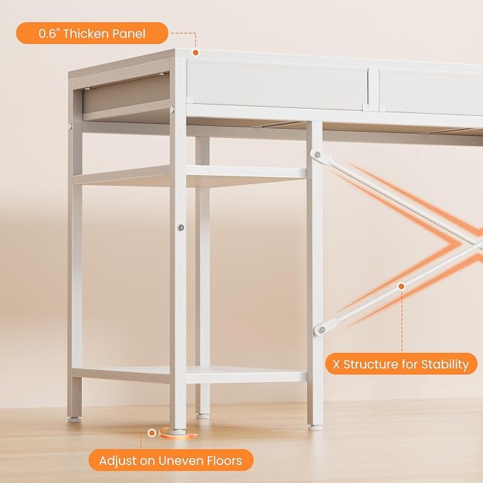 Sweetcrispy 55 Computer Desk with 6 Drawers Home Office Gaming Desks with Storage Shelves for Bedroom Writing Study Corner Living Room Work Table White