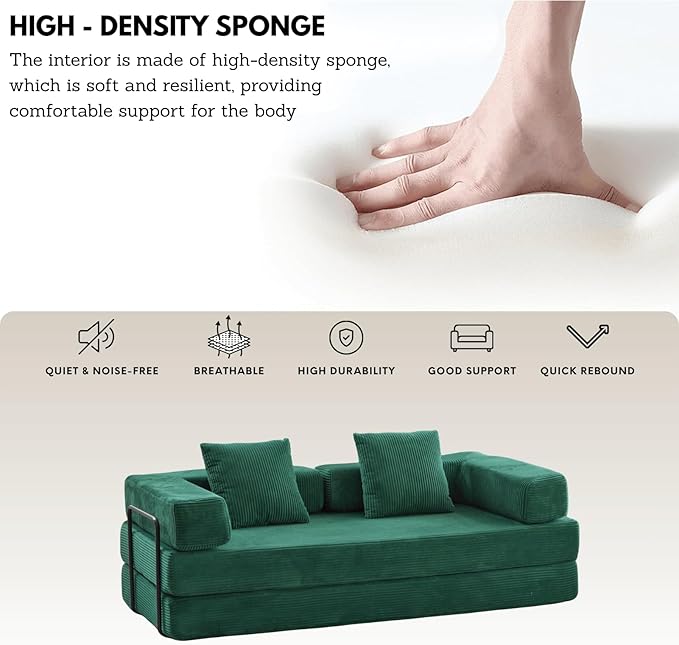 4-in-1 Folding Convertible Sofa Bed 77 Floor Couch with Pillow - Corduroy Fabric &amp High-Density Sponge &amp Fixed-Shape Frame Modular Sofa for Living Room/Lounge/Studio Green