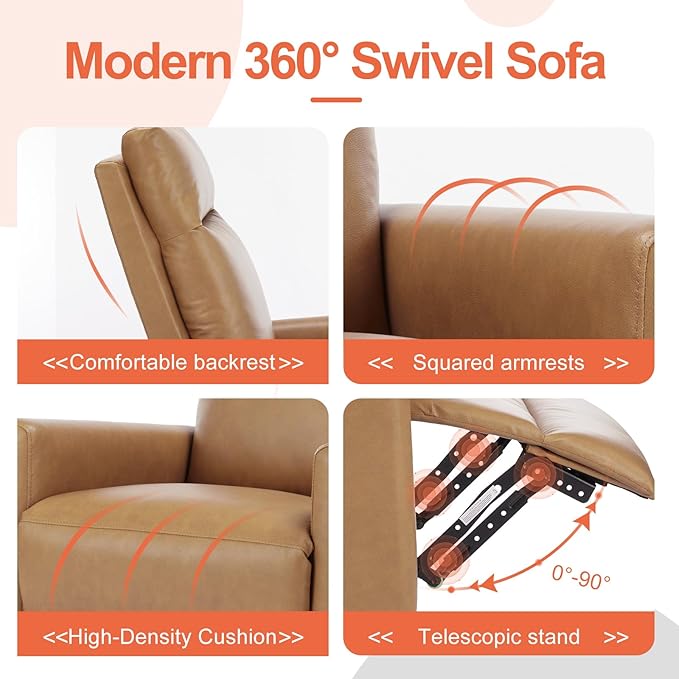 Sweetcrispy Recliner Chair 360 Swivel Rocker Chair for Adults Glider Rocker Recliners Nursery Chairs for Living Room High Back Upholstered Deep Seat Classical Brown