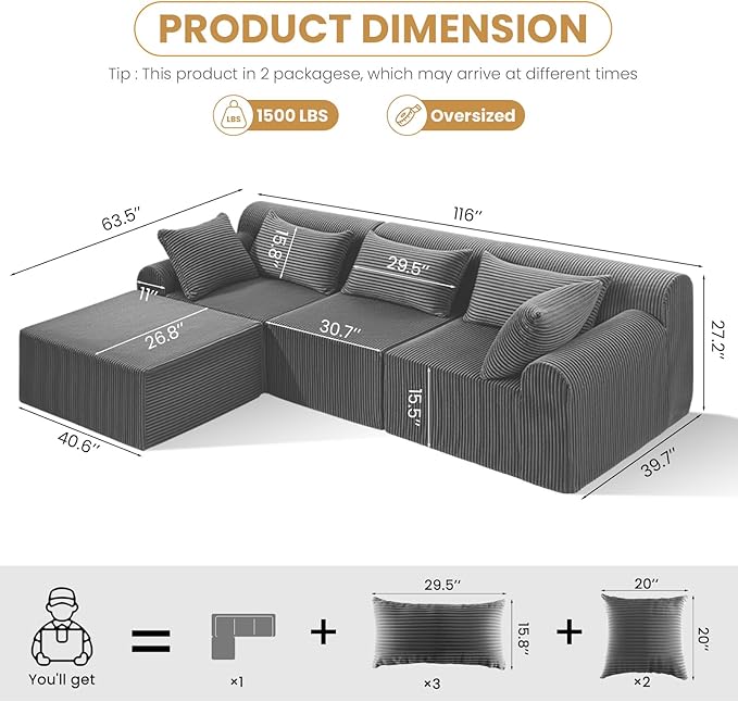 Oversize Boneless Couch for Living Room Comfort L Shaped Cloud Couch Sectional with Deep Seat and Movable OttomanModular Sectional Sofa with 5 PillowsNo Assembly RequiredGrey