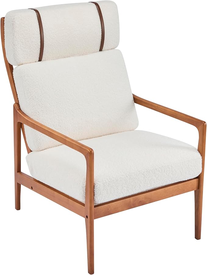 Merax Mid Century Modern Accent Chair High Back Armchair with Beige Boucle Upholstered Cushions and Solid Wood Frame Ergonomic Lounge Chair for Living Room/Bedroom/Reading Nook