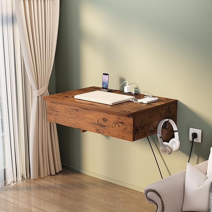 Wall Mounted Table with Power Outlets 28.4 W x 19.7 D Floating Table with Storage Drawers for Small Spaces Writing PC Desk with Headphone Hook for Home Office Brown (Brown)