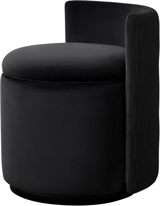 360° Swivel Velvet Vanity Chair with Storage Barrel Makeup Chair with Wave Back No Assembly Vanity Stool Small Accent Chair for Living Room Black