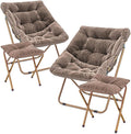 MoNiBloom Square Folding Faux Fur Saucer Chair for Bedroom Living Room Dorm Foldable Metal Frame Oversized Large Comfy Furry Padded Soft Cozy Moon Chair with Footrest Ottoman for Adults (Beige 2 Set)