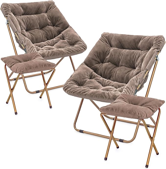 MoNiBloom Square Folding Faux Fur Saucer Chair for Bedroom Living Room Dorm Foldable Metal Frame Oversized Large Comfy Furry Padded Soft Cozy Moon Chair with Footrest Ottoman for Adults (Beige 2 Set)