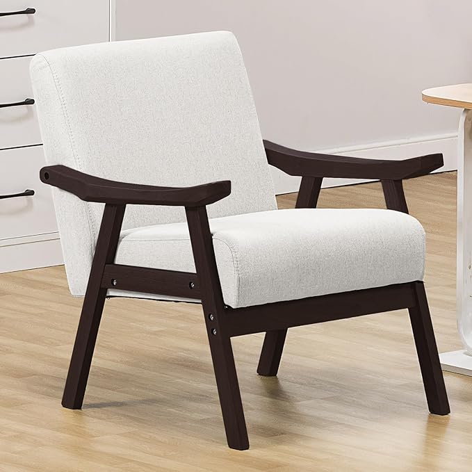 COMHOMA Modern Accent Chair Upholstered Mid Century Lounge Chair with Curved Solid Wood Armrests Single Sofa Reading Chair Suitable for Living Room Bedroom (Beige Brown)