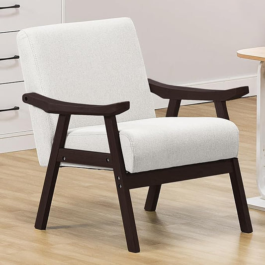 COMHOMA Modern Accent Chair Upholstered Mid Century Lounge Chair with Curved Solid Wood Armrests Single Sofa Reading Chair Suitable for Living Room Bedroom (Beige Brown)