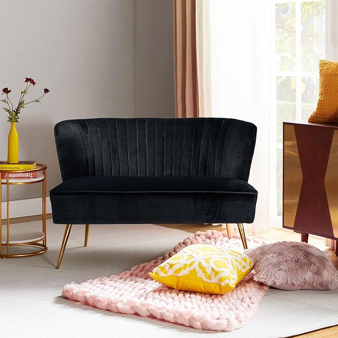 HULALA HOME Velvet Loveseat Sofa with Gold Legs Mid-Century Modern Upholstered Love seat Couch Tufted Small 2-Seat Sofa Armless for Living Room Bedroom Apartment Small Spaces Black