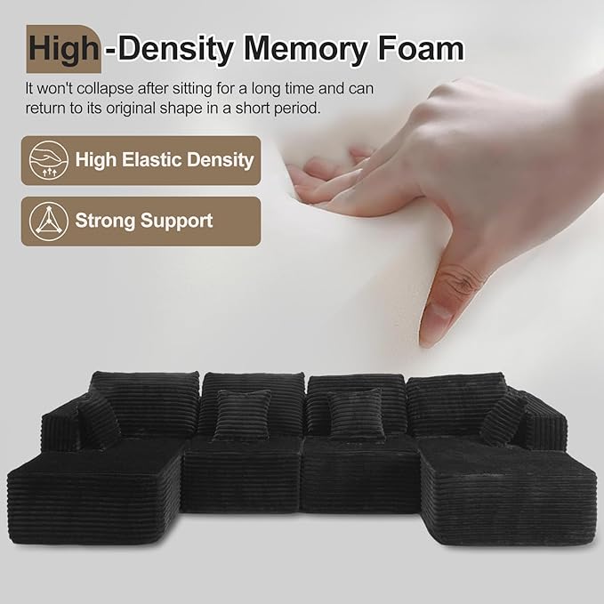132 U Shaped Couch Oversized Modular Sectional Sofa with Chaise Corduroy U Shaped Couch with Deep Seat Boneless Couches for Living Room No Assembly Required Horizontal Striped Black