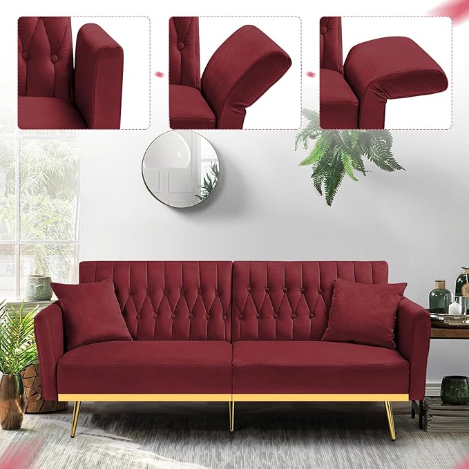 70” Velvet Futon Sofa Bed with 2 Pillows and Adjustable Armrests Convertible Sleeper Bed W/Adjustable Backrests Modern Loveseat for Living Room Bedroom Red