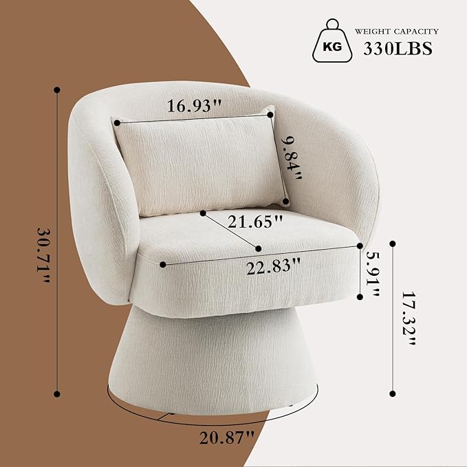 360° Swivel Accent Chair Modern Velvet Barrel Chair with Pillow Upholstered Single Sofa for Living Room Bedroom Office Ivory