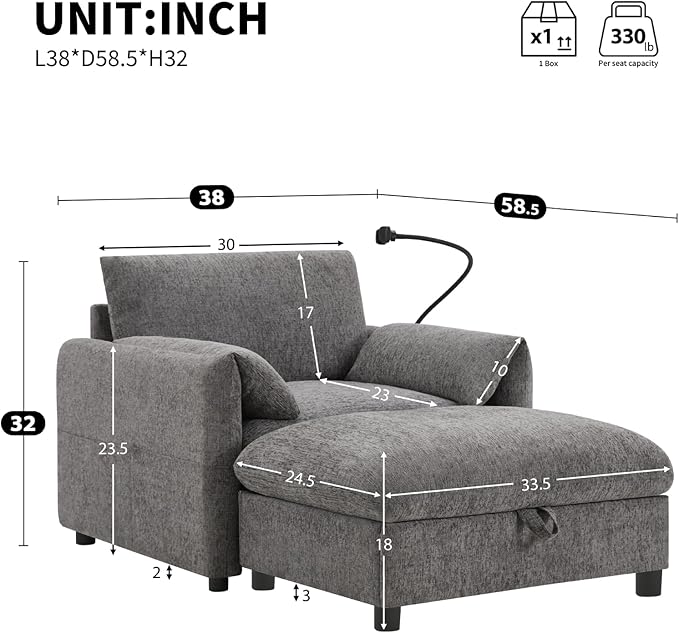 Oversized Accent Chair with Ottoman Chaise Lounge Chair with Phone Holder USB Charger Side Pockets Chenille Reading Armchair for Living Room Bedroom Home Theater (Gray)