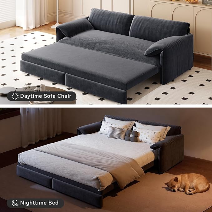 healthomse 66 Queen Size Sleeper Sofa Bed 3-in-1 Convertible Pull Out Sofa Bed with Side Storage Modern Velvet Loveseat for Living Room Bedroom Apartment Office Lounge (Grey 66inch)