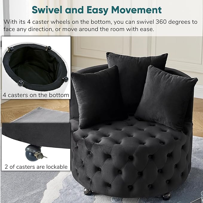JOYBASE Swivel Barrel Chair With 3 Pillows - Round Accent Armchair Cozy Comfy Lounge Seat Modern Circle Club Sofa for Living Room Bedroom (Black Velvet)
