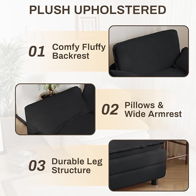 43 Oversized Chenille Single Sofa Chair Deep Seat Chaise Lounge Chair Upholstered Armchair Modern Accent Chairs for Living Room Bedroom Office Apartment Black