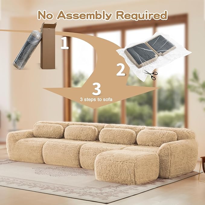 149 Modern Modular Boneless Sectional Couches for Living Room 4 Seater Deep Seat Compressed Sofa No Assembly Required Plush Fabric Fabric Cloud Comfy Sofa Set with 1 Ottoman L Shaped Camel