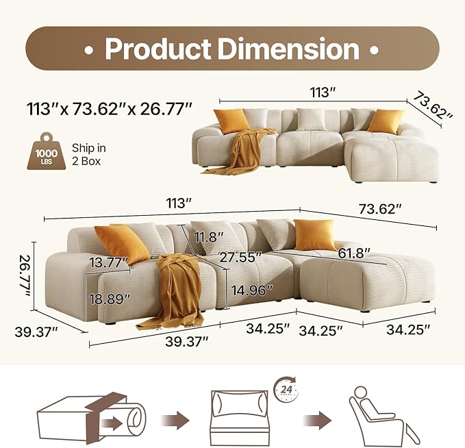 113 Modern L-Shaped Modular Sectional Sofa for Living Room Corduroy Upholstery Beige 3-Seater Cloud Couchand Movable Ottoman – No Assembly Beige