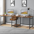 79 Inch Brown Two Person Desk with Drawers Extra Long Desk with Storage Shelves Double Home Office Desk with Hooks 2 Person Writing Study Table Workstation for Home Office