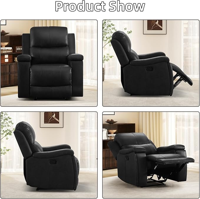 EBELLO Recliner Chair Single Overstuffed Sofa Recliner Breathable Faux Leather Manual Reclining Chairs with Hidden Cup Holder Arm and Back for Adults Living Room Bedroom Black