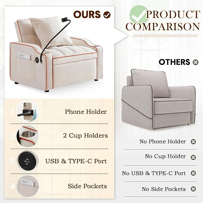 SLEERWAY 3-in-1 Convertible Futon Sofa Bed Chair Multi-Functional Sleeper Chair Bed with Pull Out Couch and Adjustable Backrest Modern Velvet Chaise Lounge Armchair for Living Room Bedroom Beige
