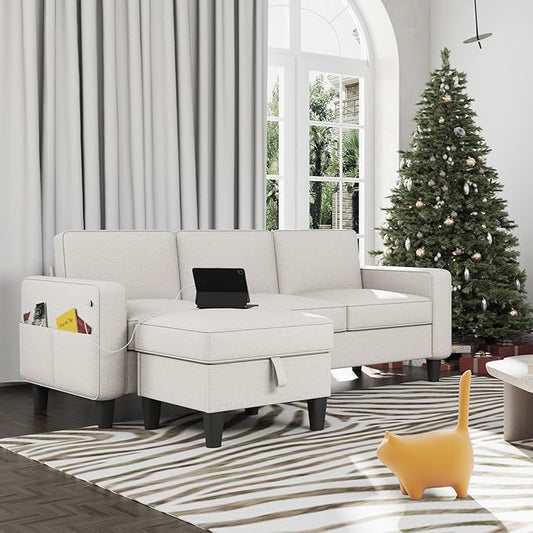 Sectional Sofa Couches for Living Room - Beige 3 Seat L-Shaped Couch with Type-C Charging Port &amp Storage Ottoman Comfy Linen Convertible Sectionals Sofas with Chaise for Apartment