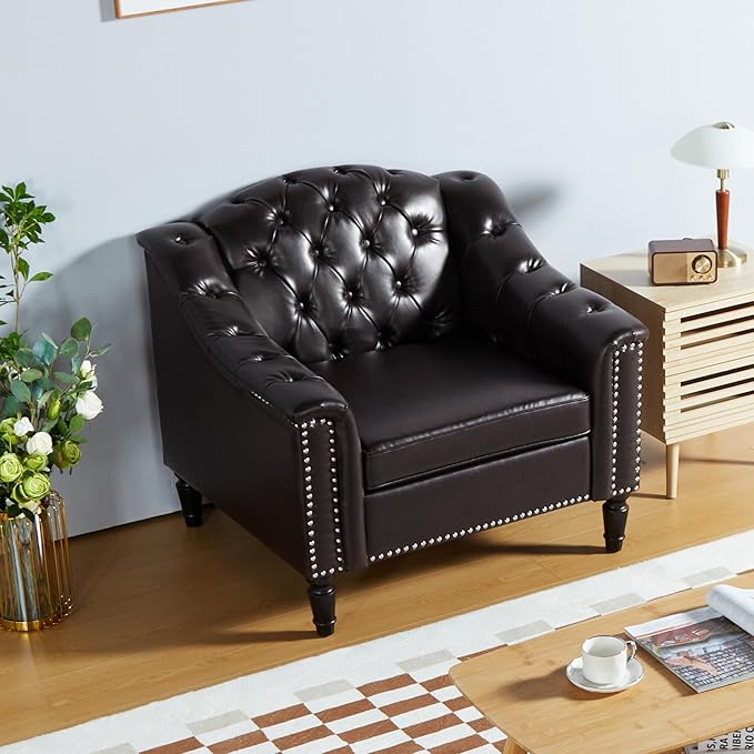 LEVNARY Chesterfield Chair Leather Upholstered Sofa Chair with High Back Mid-Century Modern Armchair with Solid Wood Legs Single Couches for Living Room (Brown)