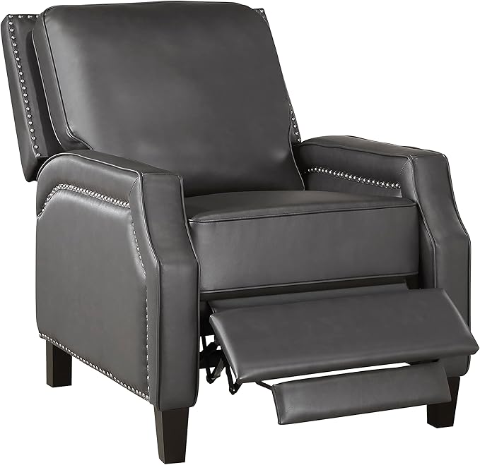 Lexicon Pushback Recliner Chair Faux Leather Armchair Push Back Recliner Nailhead Trim Solid Wood Legs Easy Assembly for Living Room/Office/Apartment Dark Gray