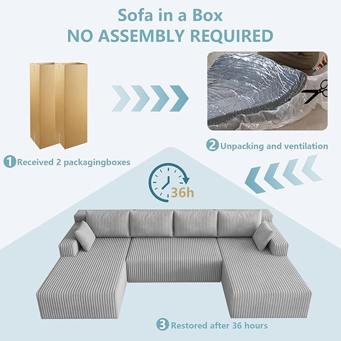 124 Cloud Sectional CouchModern U-Shaped Boneless Couch with Deep SeatComfy Corduroy 4-Seater SofaMemory Foam Sofa for Living RoomNo Assembly Required (Light Grey)