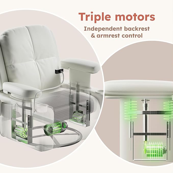 Triple Motor Power Swivel Rocker Recliner Chair with Adjustable Armrests for Adults Elderly FSC Certified Faux Leather Rocking Chair Nursery for Breastfeeding(White)