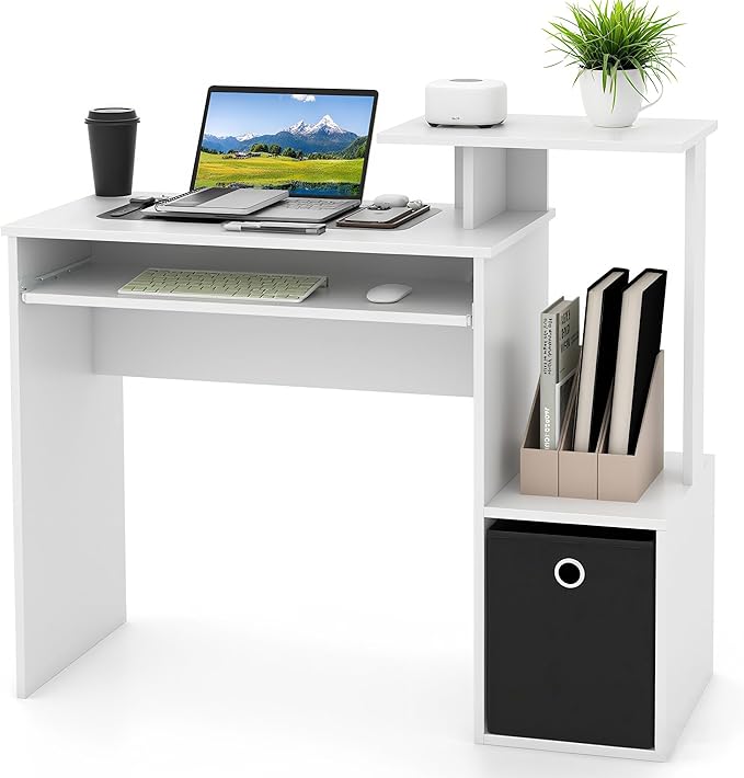 Giantex White Computer Desk with Drawers &amp Keyboard Tray Modern Home Office Desk with Storage Shelves &amp Printer Stand Laptop PC Table for Workstation Study Writing Desk for Small Spaces Be