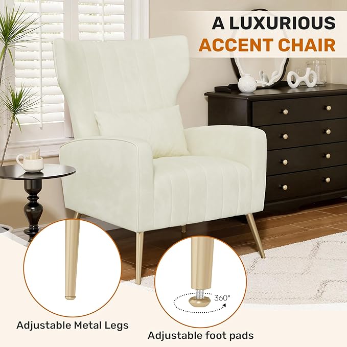 Beige Velvet Accent Chair Set of 2 Wingback Chair for Living Room High Back Arm Chair with Golden Legs Lumbar Pillow Upholstered Single Sofa Bedroom