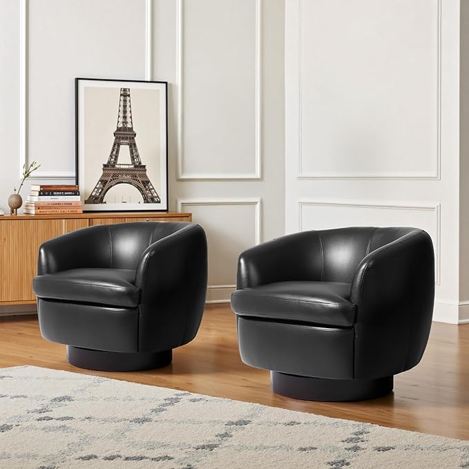 Swivel Barrel Accent Chair Comfy Modern Upholstered Round Faux Leather Reading Arm Chair for Living Room Bedroom (Black Set of 2)