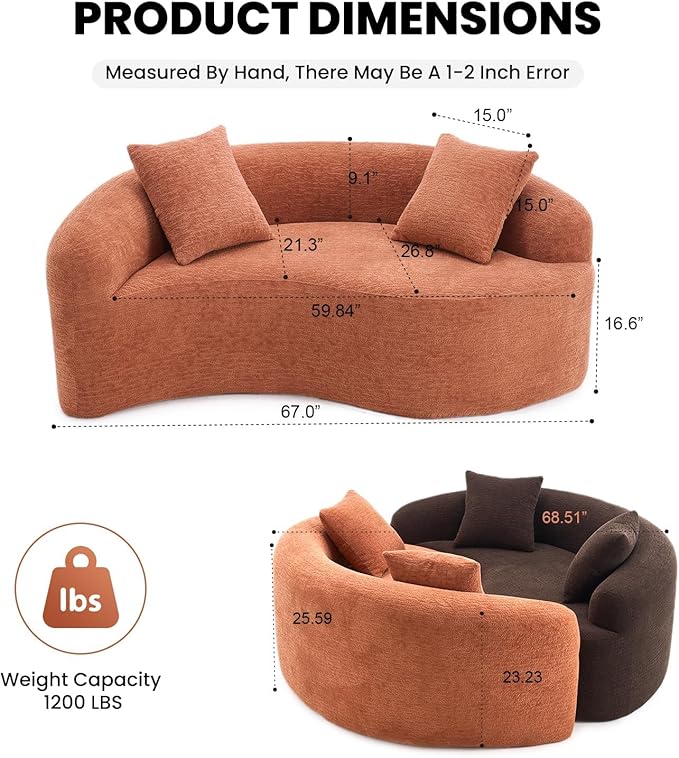 66.9'' Modular Sectional Loveseat Chenille Upholstered Boneless Curved Loveseat with Deep SeatCombination Round Sofa for Coffee Shop Game Room Office (Coral 66.9 Inch)