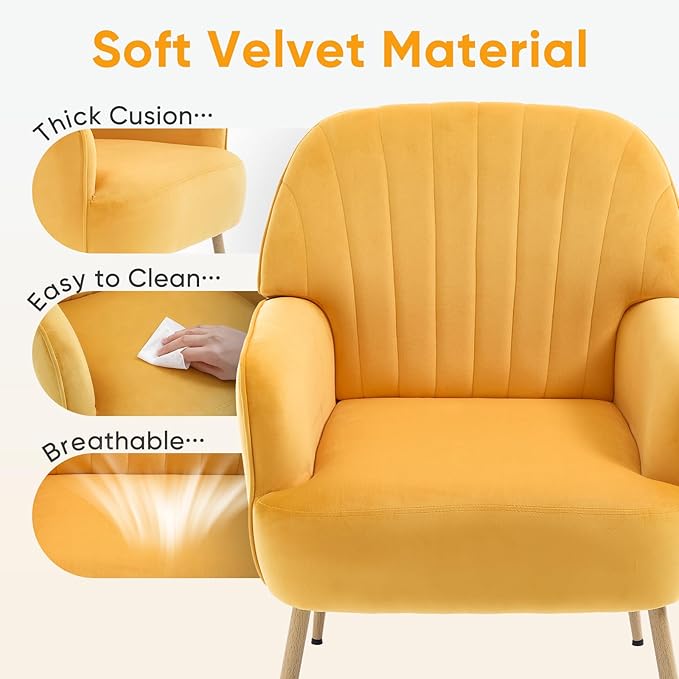 Velvet Accent Chair Mid Century Modern Accent Chairs for Living Room Comfy Upholstered Armchair with Metal Legs for Bedroom/Apartment/Office/Waiting Room Yellow