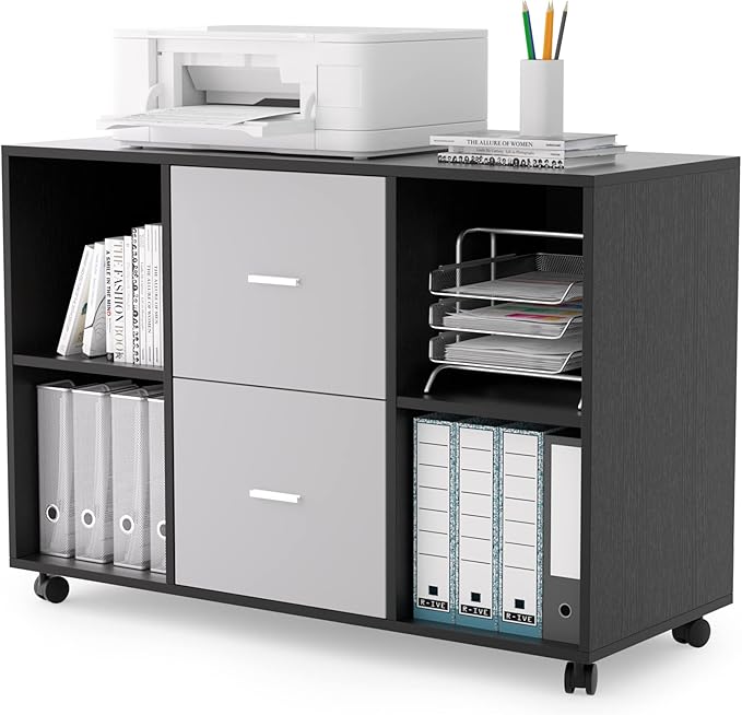 Mobile Wood Filing Cabinet with 2 Drawers and 4 Open Storage cabinets and Wheels for Home Office Black Oak Light Grey