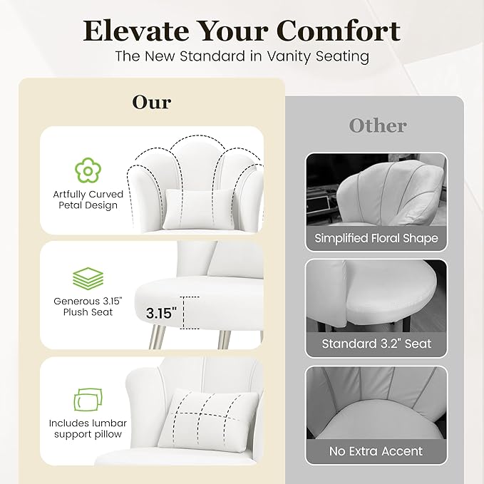 Petal Makeup Vanity Chair with Back Flower Chair Comfy No Wheels for Girls Women Makeup Chair with Golden Metal Legs &amp Lumbar Pillow for Living Room/Makeup Room/Bedroom/Home Office - White
