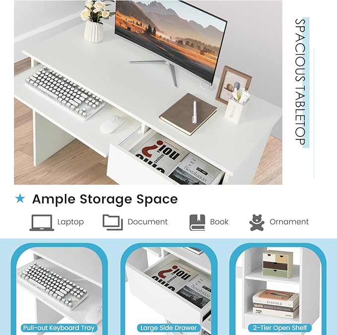 Computer Desk with Keyboard Tray and Drawer Home Office Desk with Adjustable Shelves &amp Cable Hole Modern Vanity Table for Bedroom Teens Gaming Desk Writing Study Workstation (White)