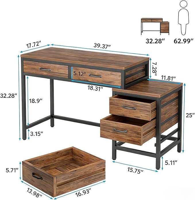 Computer Desk with Adjustable Position Drawers Rustic Brown Gaming Desk with Storage Compact Home Office Desks Vanity Desks Without Mirror for Bedroom/Study Writing