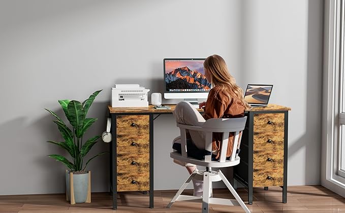 DLisiting Home Office Desk with Drawers for Storage - 55 inch Computer Desk with 8 Fabric Drawer Writing Study Work Desks with Drawers on Both Sides for Bedroom