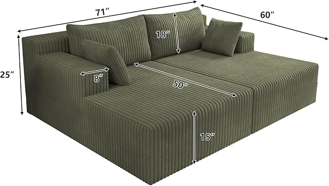 71 W Double Chaise Lounges Indoor Boneless Sectional Sofa Bed with Pillows Modern Sleeper Loveseat Chair Boneless Cloud Couch for Living Room Bedroom Reading