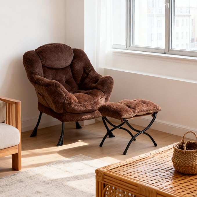 HollyHOME Lazy Chair with Foldable Ottoman Accent Comfy Lounge Armchair and Folding Footrest Stool Leisure Sofa Reading Chair and Footstool for Living Room Bedroom DormFaux Fur Dark Coffee