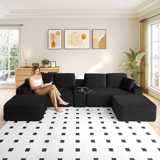 150” Oversized Modular Sectional Sofa Modern Comfy Corduroy U Shaped Couch with Cup Holders &amp USB Ports &amp Storge Console Boneless Compressed Memory Foam Cloud Couch for Living Room Office