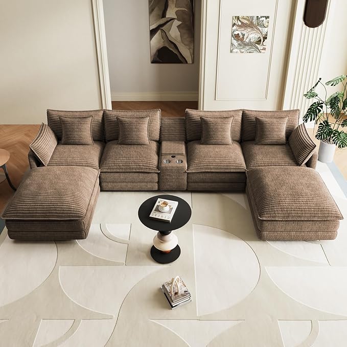 143 Oversized Modular Sectional Sofa U Shaped Cloud Couch Modern 6 Seat Sofa Set for Living Room Comfy Corduroy Deep Seat with Storage Central Console Movable Ottomans Cup Holders USB Ports Brown