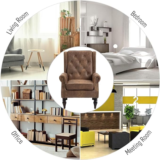 Mid-Century High Wingback Chair Microfiber Accent Chair Armchair with ButtonsModern Living Room Chairs with Rivet DecorationLeisure Single Sofa Chair for BedroomClubHome Reception (Coffee.)